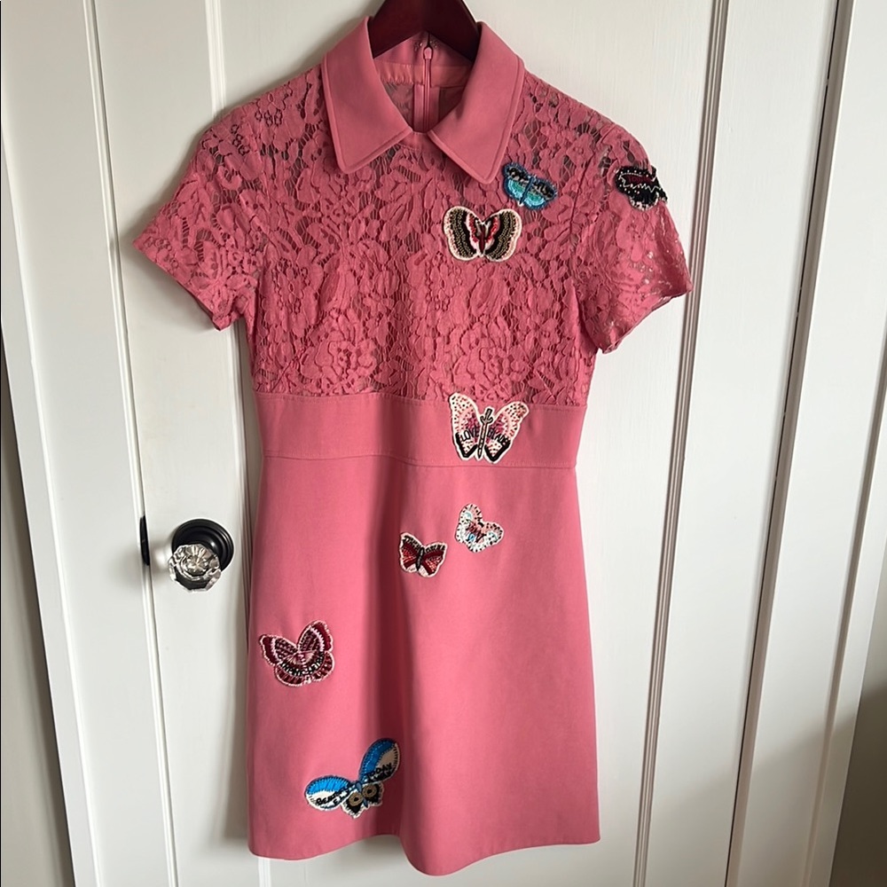 Valentino Rose Pink Lace Dress with Embroidered Butterfly Motifs